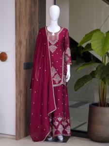Ensemble Plazzo Brodé Violet pour Femme, Tenue Sharara avec Broderie de Paillettes Lourdes, Robe de Soirée et de Mariage - Product Image 5