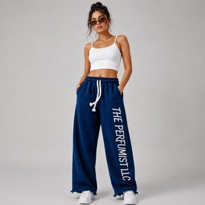 Pantalon décontracté vintage en coton épais 100 % avec strass, taille mi-haute, jambe large, taille élastique, personnalisable pour femme - Product Image 2