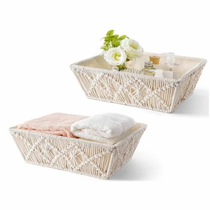 Handmade Set of 2 Off-White Macram Storage <b>Baskets</b>-Cotton Rope Handwoven Home Décor Organizer for Living Room & Bedroom - Product Image 3
