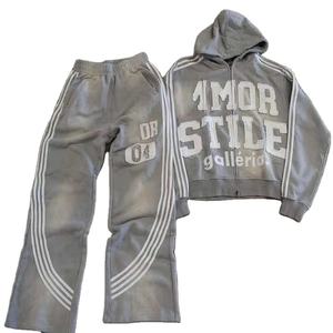 Chándal acampanado lavado ácido personalizado para hombre, sudadera con cremallera y pantalones de chándal, conjuntos de ropa deportiva desgastada de gran tamaño para hombre - Product Image 2