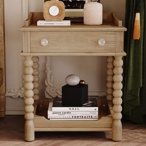 Comodino in Stile Retrò per Camera da Letto con Ripiano Aperto Naturale, Cassetto e Gambe Lavorate, Comodini con Maniglia in Metallo - Product Image 2