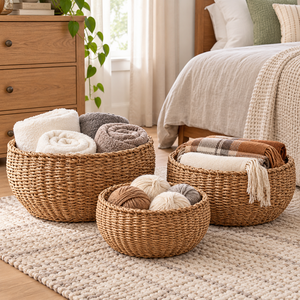 Customizable Eco-Friendly <b>Seagrass</b> Diamond Woven <b>Storage</b> <b>Basket</b> Set 3 Piece Round <b>Baskets</b> with Handles for Home Organization - Product Image 6