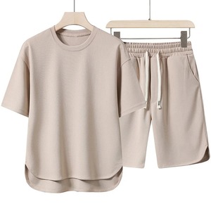 Ensemble T-shirt et short décontracté d'été pour homme en coton blanc, col rond, manches courtes, respirant, tricoté - Product Image 4