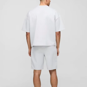 Men Solid Color Cotton Shorts Set <b>Mid</b> Waist Elastic Breathable Casual Wear White T Shirt Bermuda Shorts Outfit Silk Screen - Product Image 2