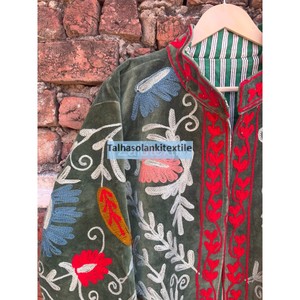 Hand Embroidered Velvet Jacket Floral Pattern Mandarin Collar Full Sleeve <b>Women's</b> <b>Coat</b> Cotton Lining Winter Style - Product Image 2