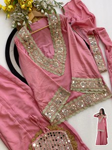 Conjunto de Salwar Kameez de Seda Rosa Oscuro Bordado con Espejos, Dupatta con Trabajo de Espejos Reales, Secado Rápido, Traje para Bodas y Fiestas - Product Image 4