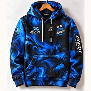 Sudadera con Capucha Deportiva Estilo Fractal Abstracto 3D en Negro y Azul, Teñida a Mano y Cosida a Medida, Venta Directa al Por Mayor de Ziakot Industry - Product Image 1