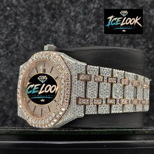 ICE LOOK นาฬิกาข้อมือสแตนเลสสตีลสุดหรูสำหรับผู้ชาย 41 มม. ขอบหน้าปัดประดับเพชรโมอิสซาไนต์ ระบบควอตซ์แบบอนาล็อก คริสตัลแซฟไฟร์ ปุ่มกด - Product Image 4