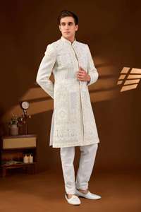 Sherwani pour homme à col mandarin, longueur genou, avec micro-paillettes argentées, tenue de luxe traditionnelle pour mariage et soirée - Product Image 5