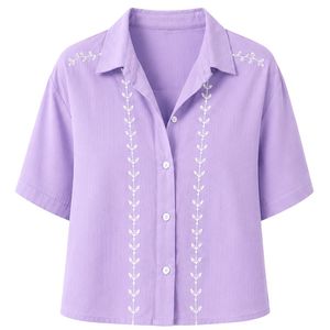 Camisa Corta de Mujer con Bordado de Lavanda Personalizado, Blusa Casual de Verano con Botones y Manga Corta, Mezcla de Lino con Logotipo Personalizado - Product Image 1