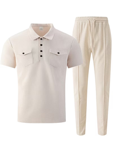 Men's Winter Solid Casual Breathable Knitted Short Sleeve Polo Shirt Set Pockets Quick Dry Plain Dyed Lapel Collar Customized - Product Image 2