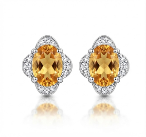Rhaya Jewels <b>Sterling</b> <b>Silver</b> Rhodium Plated Classic Romantic Floral Citrine <b>Stud</b> Earrings CZ Halo Model 681 Wedding Engagement - Product Image 1