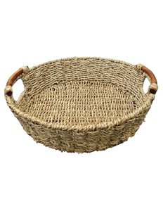 Handwoven Seagrass Serving <b>Tray</b> <b>Basket</b> with Wooden Handles Oval Woven Bamboo Style Household Grade for Kitchen Dining Decor - Product Image 1