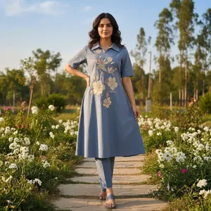 Robe midi brodée florale bleue pour femme, col chemise, manches courtes, style kurta décontracté, avec pantalon assorti, ensembles pour femmes - Product Image 6