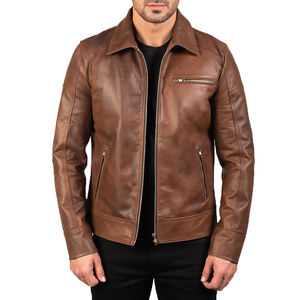 Men's <b>Brown</b> Genuine <b>Leather</b> Slim Fit Zip-Up Waterproof Breathable Eco-Friendly Moto <b>Jacket</b> Turn-Down Collar Regular Sleeve Solid - Product Image 3