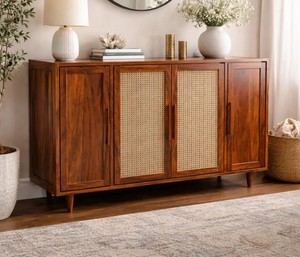 Pindel Handicraft Indian Wooden Console Table Natural Woven Cane Storage Cabinet Dining Room <b>Sideboard</b> - Product Image 1