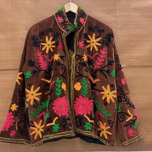 <b>Women</b> Brown <b>Velvet</b> Floral Embroidered Suzani <b>Jacket</b> Full Sleeve Stand Collar Handmade Bohemian Winter Outerwear - Product Image 1