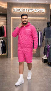 Ensemble de survêtement rose à capuche pour homme REXFITSPORTS, manches longues, fermeture éclair, short léger en polyester, vêtements de sport décontractés pour l'été - Product Image 3