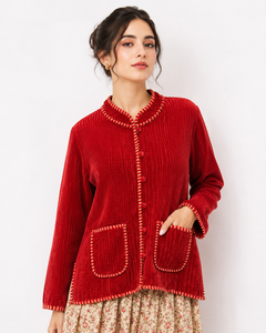 Blouson Bomber en Velours Rouge pour Femme avec Col Montant, Design Matelassé, Rembourrage en Coton, Respirant, Écologique, Vêtement d'Extérieur Décontracté pour l'Hiver - Product Image 2