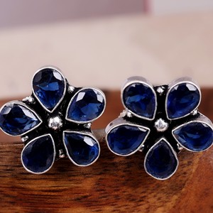 Boucles d'oreilles clous fleur ethniques bohèmes en pierre bleue, sertissage en laiton, plaqué argent antique, faites à la main, bijoux de fiançailles pour femme - Product Image 5