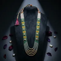 Ensemble de colliers en perles d'imitation vertes et jaunes à 5 couches, plaqué or, style floral ethnique, bijoux de mariage tendance pour femmes