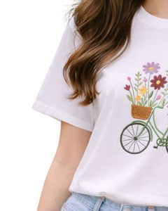 Camiseta Blanca Personalizada para Mujer, Bordado Floral de Bicicleta, Manga Corta, Informal, Mezcla de Algodón Suave, Top de Verano para Mujer, Venta al Por Mayor - Product Image 3