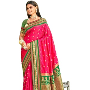 Sari de Seda Banarasi Real y Lujoso con Sari Indio Estampado de Seda Paithani - Product Image 1