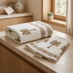 Juego de 1 Toalla de Baño y 2 Toallas de Mano de Algodón Waffle Estampadas a Mano, Reversibles, Hechas a Mano, para Hogar y Hotel - Product Image 5