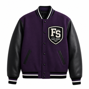 Veste universitaire unisexe Deep Purple avec manches en cuir, patch en chenille, boutons pression sur le devant, logo personnalisé, veste universitaire streetwear OEM - Product Image 1