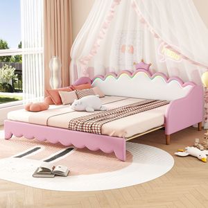 Moderno Letto a Soppalco Rosa per Bambini con Luci LED e Testiera a Corona, Estensibile - Product Image 4