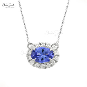 Proveedor de moda: Collar de tanzanita con corte ovalado de 7x5mm y halo, en oro blanco macizo de 14k con pavé de diamantes, joyería hecha a mano. - Product Image 1