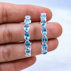 Pendientes de Aro con Bisel de Topacio Azul Ovalado Natural de Plata de Ley 925 al por Mayor, Joyas Memoria - Product Image 6