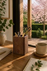 Porte-crayons en bois de qualité supérieure pour table d'étude, organisateur d'accessoires de bureau en bois, support à stylos minimaliste en bois pour bureau contemporain - Product Image 5