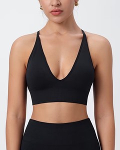Women Seamless Deep V Neck Sports Bra Adjustable Straps Criss <b>Cross</b> Back Ribbed Hem Fitness Workout Yoga Crop <b>Top</b> Activewear - Product Image 1