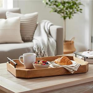 Bandeja de Servir Rústica de Madera Maciza con Asas Negras Mate, Bandeja Otomana de Madera, Organizador Moderno Rústico para Mesa de Centro - Product Image 6