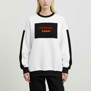 เสื้อสเวตเชิ้ตคอกลมสีขาวทรงโอเวอร์ไซส์สำหรับผู้หญิง ปี 2026 พร้อมแถบสีดำที่แขนเสื้อ พิมพ์โลโก้ตามสั่งด้านหน้า ผ้าฝ้าย สไตล์ฤดูใบไม้ร่วง - Product Image 1