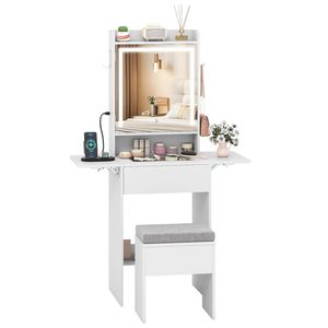 "White Glass <b>Makeup</b> Vanity with LED Lighted <b>Mirror</b> 2 Drop Leaf Extension & Built-in Charging Station" - Product Image 2