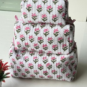 Ensemble de trousses de toilette vintage en coton, motif floral brodé, pliable, grande capacité, sans fermeture éclair - Product Image 3