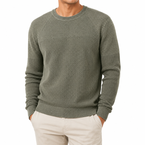Pull en coton pour homme, col rond, texture tricotée à points mousse, texture horizontale mixte aux épaules, manches longues |   Fabrication OEM ODM - Product Image 1