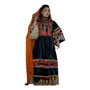 Robe de soirée formelle pour femme, style bohème, coupe trapèze, longueur ras du sol, col montant, manches chauve-souris, broderie en velours afghane personnalisée - Product Image 1