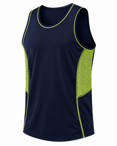 Trending Men's Navy Sleeveless Tank <b>Top</b> Neon Green <b>Mesh</b> Panel O-Neck Casual Knitted Polyester/Cotton Breathable Eco-Friendly - Product Image 4