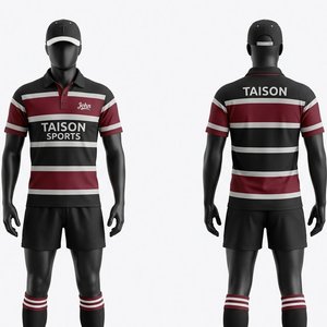 ชุดรักบี้ชาย ผ้าโพลีเอสเตอร์ตาข่าย 240 GSM แห้งเร็ว ดีไซน์เสื้อโปโลสีแดงเลือดหมู ดำ ขาว ลายทาง  แบบสั่งทำพิเศษด้วยเทคนิคการถ่ายโอนความร้อน - Product Image 1