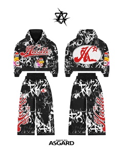 Ensemble sweat à capuche et pantalon pour homme imprimé graffiti, survêtement streetwear oversize zippé, design noir, blanc, rouge, collection automne - Product Image 1