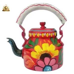 Hand Painted Red Base Metal <b>Teapot</b> Indian Folk Art Vibrant Floral Pattern Multicolor Handle Blue Spout Artistic Traditional - Product Image 3