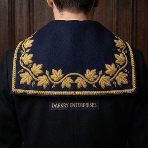 Custom Hand Gold Bullion Embroidery Royal Blue Velvet Stand Collar Wide <b>Wheat</b> Leaf Motif Bespoke Manufacturing Service - Product Image 6