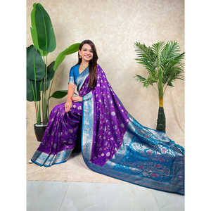 Sari en soie tissée Zari Jaal Banarasi violet Elite Weaves et foulard élégant avec motif tissé complexe 650g - Product Image 3