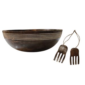 Round Wooden Salad Bowl Set Spoon Fork Handmade American Style Enamel Coated Dishwasher Safe for Serving <b>Fresh</b> <b>Vegetables</b> Salads - Product Image 4