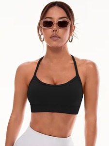 Women Open Back Criss Cross Straps Sports Bra Seamless Ribbed Fitness <b>Crop</b> <b>Top</b> Removable Pads Workout Training Gym Bra - Product Image 1