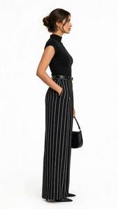 Women's Short Sleeve Turtleneck Top and Striped Wide Leg Pants <b>Set</b> with Belt - Product Image 3