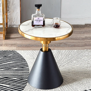 Mesa Auxiliar Moderna de Mármol Blanco con Borde Dorado Cepillado y Base de Pedestal Cónico de Metal Negro Mate, Muebles al por Mayor - Product Image 5